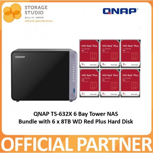 QNAP TS-632X-4G 4 Bay Tower NAS Bundle With 6 x 8TB WD Red Plus NAS Hard Disk. Singapore Local Warranty 2 Years